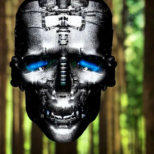 Image similar to super detailed portrait of a terminator's head, packed with cybernetics and and borg enhancements. In a forest with bokeh.