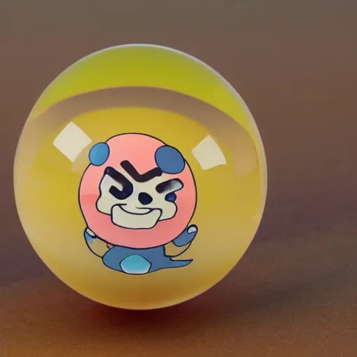 Image similar to translucent gelatin orb filled with cartoon characters