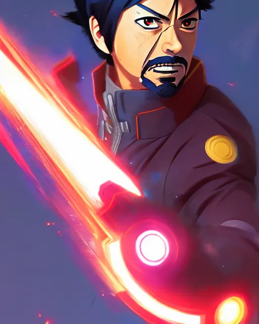 Image similar to tony stark in naruto fighting naruto, medium shot close up, details, sharp focus, illustration, by jordan grimmer and greg rutkowski, trending artstation, pixiv, digital art