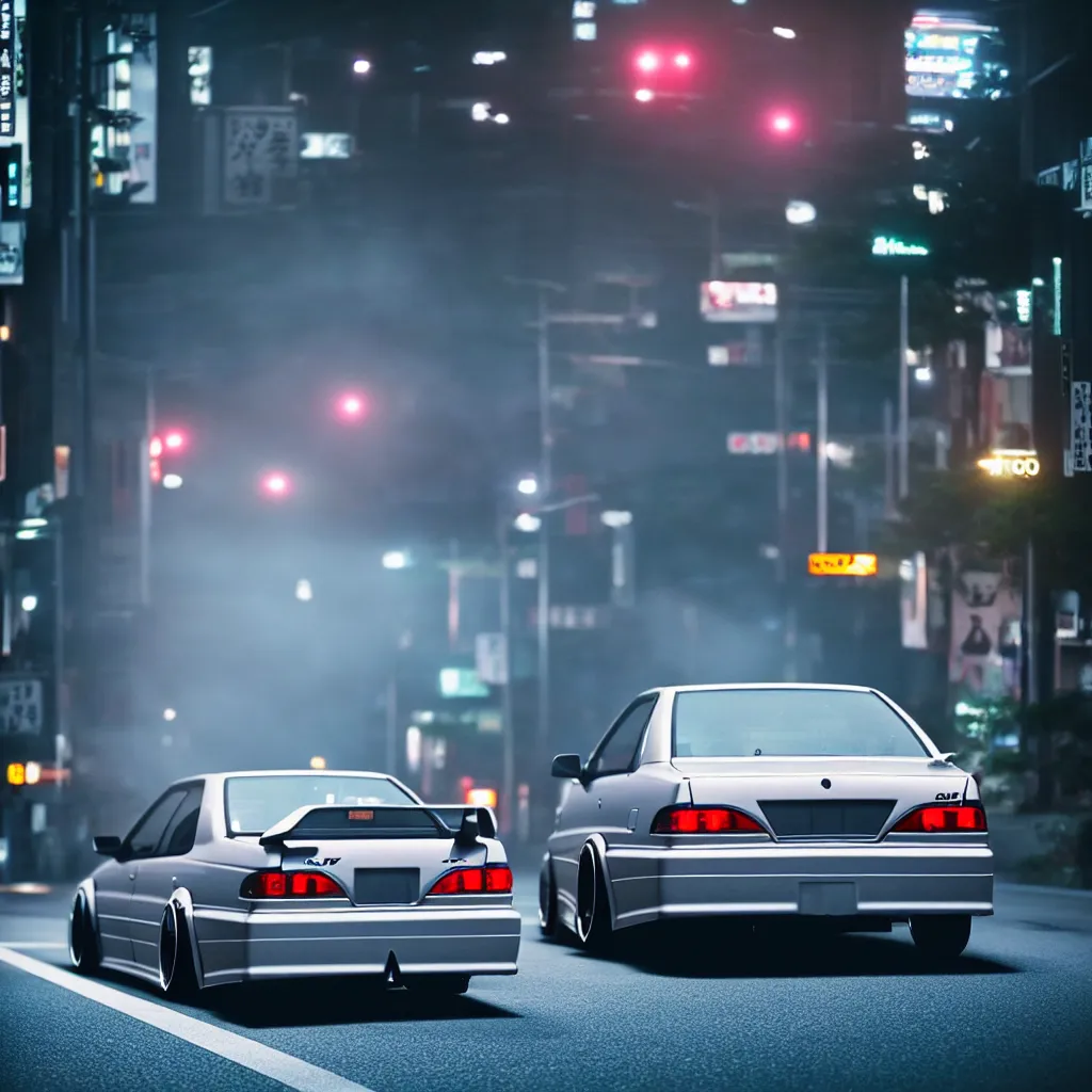 Image similar to a single car JZX100 twin turbo drift in the road, Tokyo prefecture, Japanese architecture, city sunset mist lights, cinematic lighting, photorealistic, detailed alloy wheels, highly detailed car