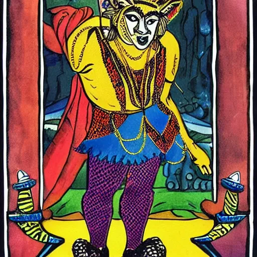 Prompt: the trickster is the god of chance and change. he is the god of adventure and excitement. he is also the god of gambling, and many old faithfuls gamble, both for pleasure and for money. the trickster is a male god, and he is usually depicted as a man wearing a leopard skin.