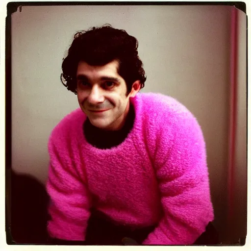 Prompt: old photo of oscar isaak in pink fluffy sweater, 8 0 - s, polaroid photo, by warhol,