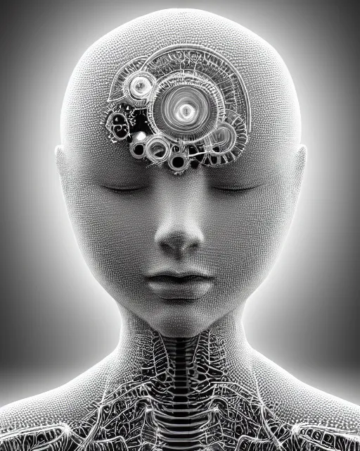 Image similar to mythical dreamy black and white organic translucent bio-mechanical spinal ribbed profile face portrait detail of mechanical beautiful female angelic-snowy-human-doll, highly detailed, intricate crystal jelly steampunk ornate, poetic, 3D render, digital art, octane render, 8K artistic photography, photo-realistic, by Dora Maar