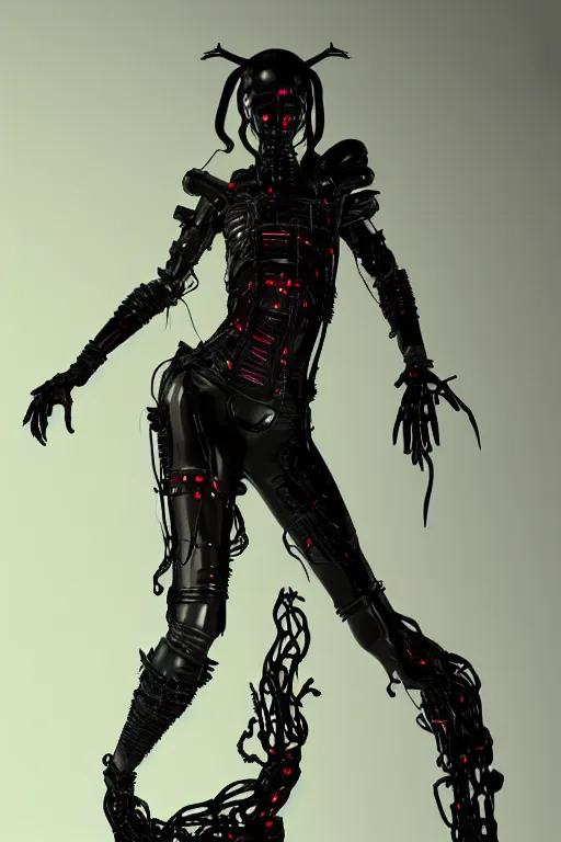 Image similar to full-body cyberpunk style sculpture of a young beautiful dark priestess, half android with a head opening exposing circuitry, glowing red eyes, black roses, flowing blood-red colored silk, fabric, candles. baroque elements, human skull. full-length view. baroque element. intricate artwork by caravaggio. crows flying in background. Trending on artstation, octane render, cinematic lighting from the right, hyper realism, octane render, 8k, depth of field, 3D