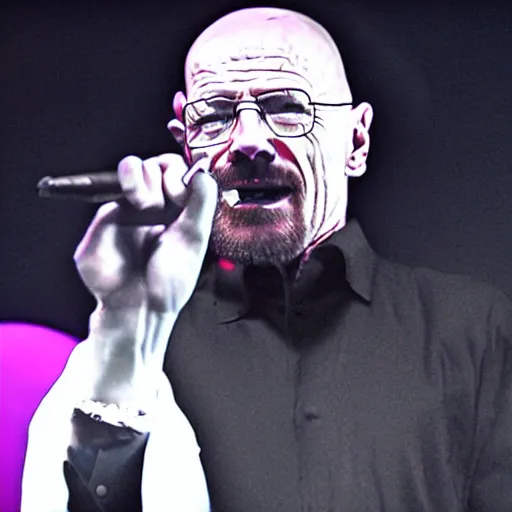 Prompt: Walter white singing at a death metal concert