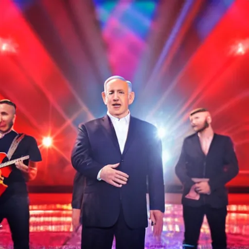 Prompt: benjamin netanyahu singing in the eurovision in front of a band, stage lighting, sharp focus, highly detailed