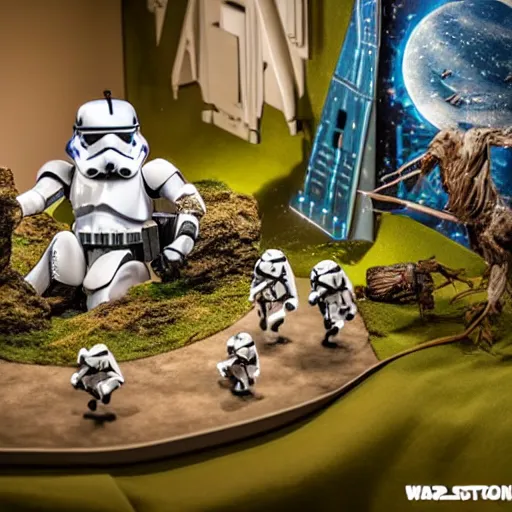 Image similar to a detailed photo of a diorama with star wars toys, macro photography, zoom, model trees, table, studio lighting