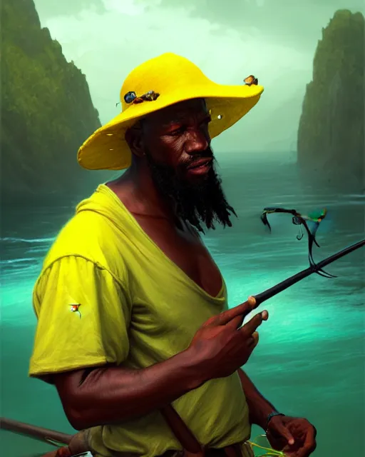 Prompt: fisherman, male, Jamaican, wide angle, yellows blacks greens reds, magical fishing rod weapon, D&D, fantasy, intricate, elegant, highly detailed, digital painting, artstation, octane render, concept art, matte, sharp focus, illustration, hearthstone, art by Artgerm and Greg Rutkowski and Alphonse Mucha