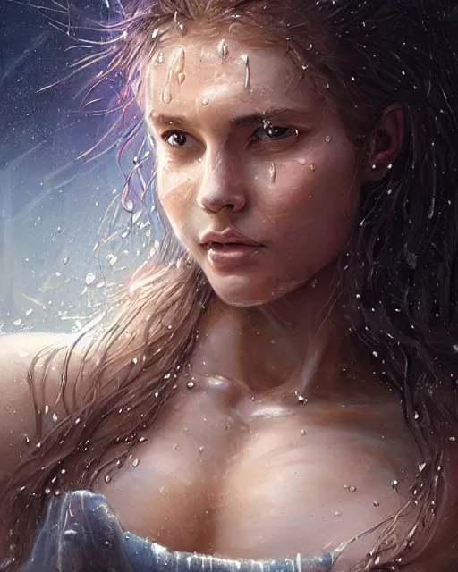 Prompt: goddess woman,, soft eyes and narrow chin, dainty figure, long hair straight down, torn overalls, nebula background, side boob, wet shirt, wet, raining, highly detailed face, realistic face, beautiful detailed eyes, fantasy art, in the style of greg rutkowski, illustration, epic, fantasy, intricate, hyper detailed, artstation, concept art, smooth, sharp focus, ray tracing, vibrant,