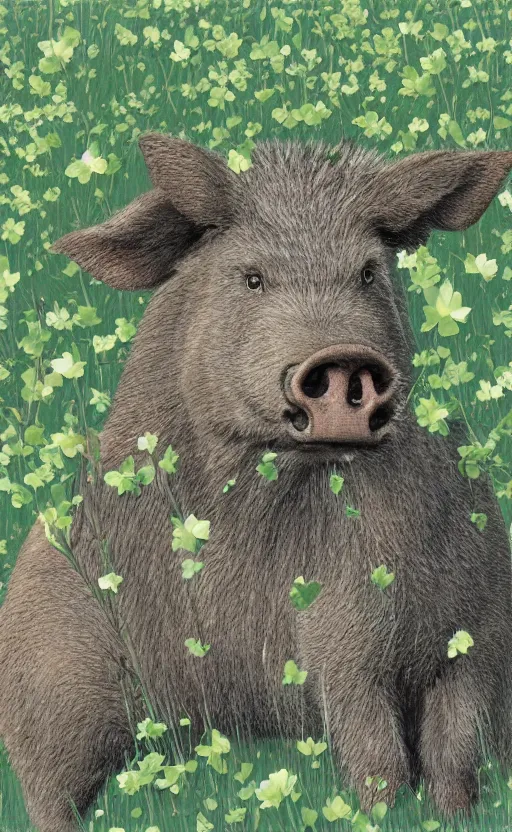 Prompt: by akio watanabe, manga art, a boar relaxing in a field of clovers, realistic animal anatomy, trading card front