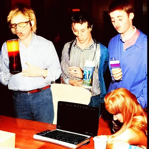 Prompt: the saddest computer party, drinks, 1990s photograph