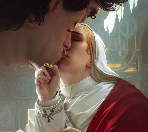 Image similar to photography of a pope kissing the breast of a sensual woman, deep focus, intricate, elegant, highly detailed, digital painting, artstation, concept art, matte, sharp focus, illustration, art by artgerm and greg rutkowski and alphonse mucha