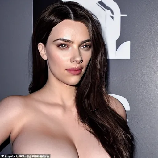 Image similar to a woman who is a genetic combination of kim kardashian and kat dennings and scarlett johansson and margot robbie and emma watson, face and upper - body focus