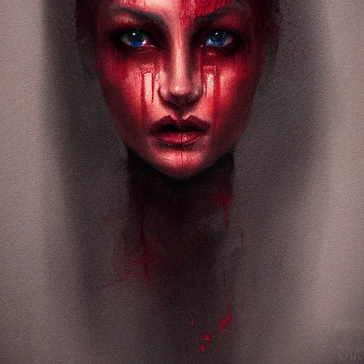 Prompt: shameless woman whis impudent facial expression, shadow of church cross, elegant, dark and mysterious, atmospheric, red, trending on artstation, highly detailed, digital painting, volumetric light, concept art, middle focus, illustration