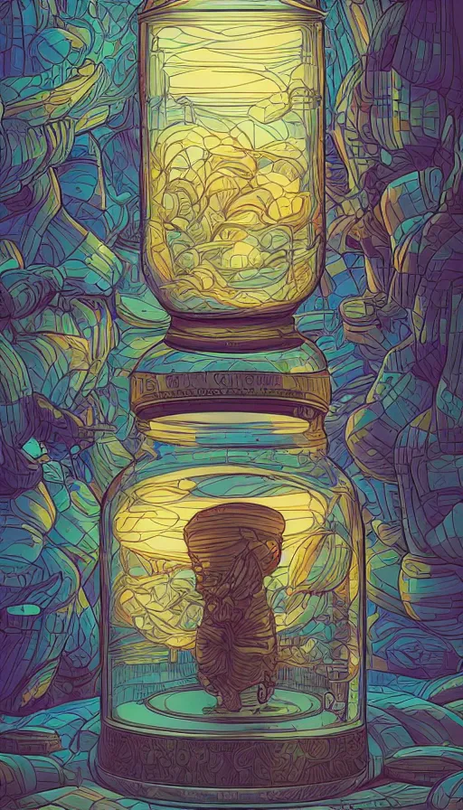 Prompt: Luminous jars full of dreams, futurism, da vinci, Dan Mumford, Josan Gonzalez