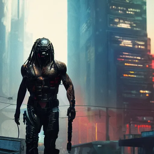 Image similar to high quality photo of The Predator in a cyberpunk cyberpunk cyberpunk city, realism, 8k, award winning photo