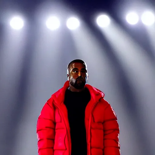 Image similar to kanye west wearing a red puffer jacket and red pants, standing in a stadium, white light shining on him