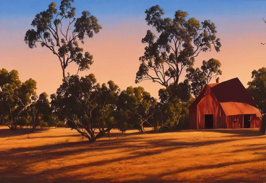 Prompt: a landscape painting of an old farm house in the dusty australian outback, old wooden fencing, painting by kenton nelson, dusk light, nice sunset