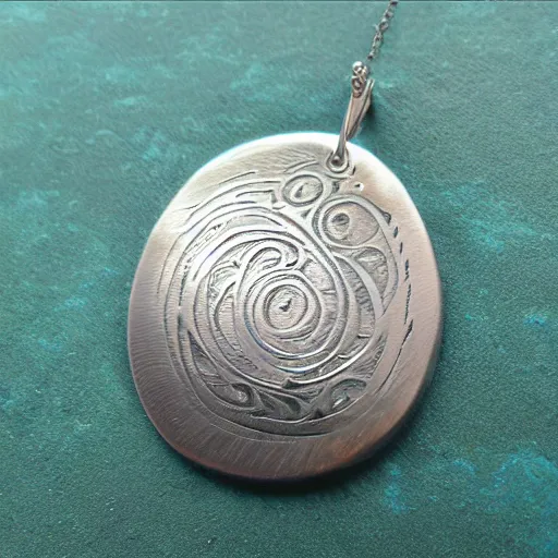 Image similar to amulet of wave inlaid in silver on a young beautiful woman neck, hyper realistic,