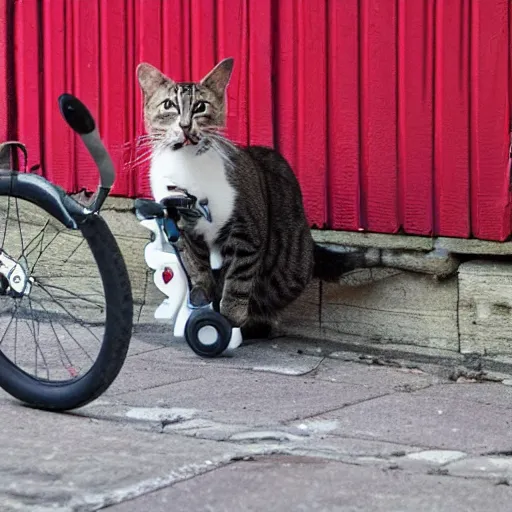 Image similar to cats stealing bycicles, dslr photo