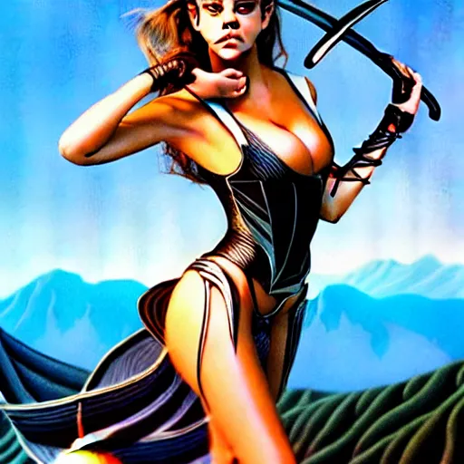 Image similar to barbara palvin supermodel posing as an amazon holding a sword, volcanic background, art by peter lloyd, 1 9 8 0's art, retro art, airbrush style, art by hajime sorayama,, intricate, elegant, sharp focus, illustration, highly detailed, concept art, matte, sharp focus, art by peter palombi, charles e. white