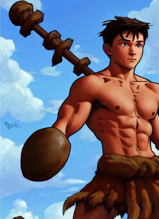 Prompt: cute muscular tom holland wearing barbarian tunic, natural lighting, path traced, highly detailed, high quality, digital painting, by don bluth and ross tran and studio ghibli and alphonse mucha, artgerm
