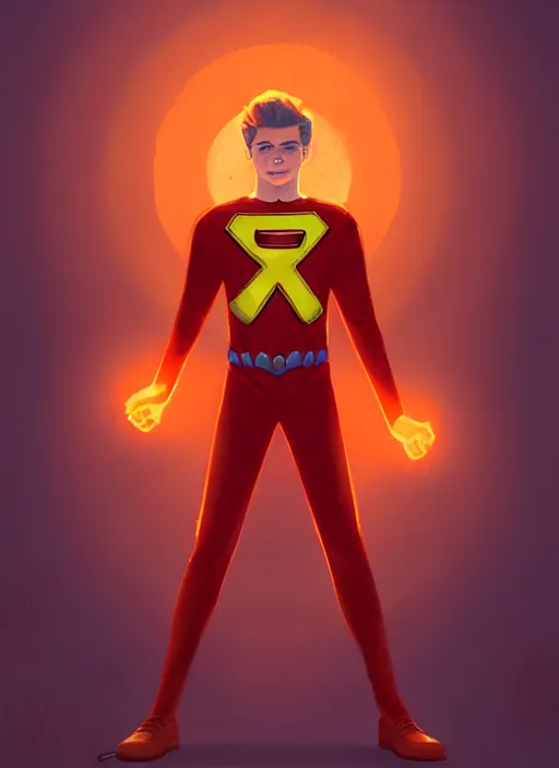 Prompt: kind teenage archie andrews wearing an orange superhero costume, superhero costume with heart emblem, intricate, elegant, glowing lights, highly detailed, digital painting, artstation, sharp focus, illustration, art by wlop, mars ravelo and greg rutkowski