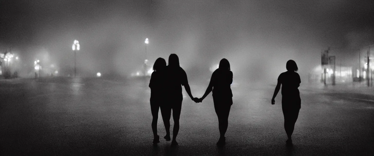 Prompt: A film still of two silhouetted figures holding hands, walking away from the camera, thunderstorm, nighttime, empty metropolitan street, establishing shot, 35mm lens, low-key lighting