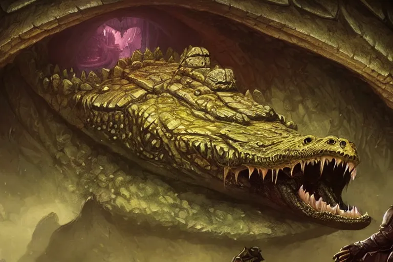 Image similar to colossal crocodile in his lair everything looks small because of his size, deep focus, d & d, fantasy, intricate, elegant, highly detailed, digital painting, artstation, concept art, matte, sharp focus, illustration, hearthstone, art by artgerm and greg rutkowski and alphonse mucha