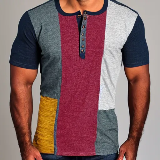 Image similar to men's henley tshirt, patchwork, split into four equal colors