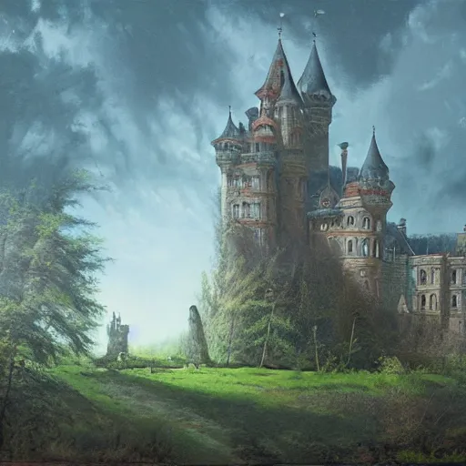 Image similar to a haunting castle in the style of zdzlaw bekinski, james gurney and ivan shishkin (oil on canvas), matte painting.