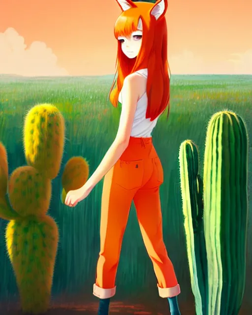 Image similar to portrait of cute redhead foxgirl in orange jumpsuit with fox ears by ilya kuvshinov, holding a cactus, cloudy sky background lush landscape illustration concept art anime key visual trending pixiv fanbox by wlop and greg rutkowski and makoto shinkai and studio ghibli