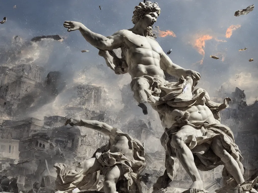 Image similar to giant greek statue attacking a city, city destruction ruins, debris flying around, swirls of fire