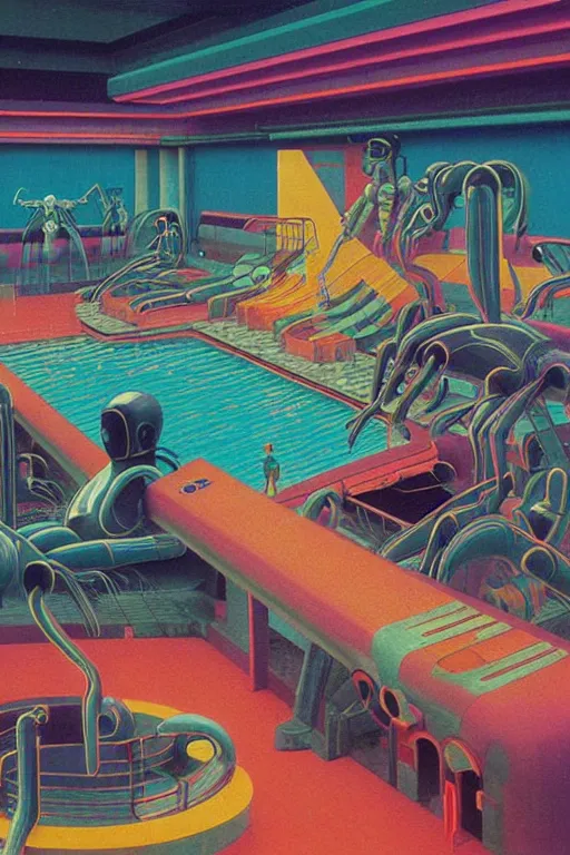 Prompt: 8 0 s art deco swimmingpool, robots, led screens, droids, neon sign, computers, cinematic dramatic cyberpunk textural fluid lines otherworldly vaporwave interesting details fantasy lut epic composition by basquiat zdzisław beksinski james jean artgerm rutkowski moebius francis bacon gustav klimt