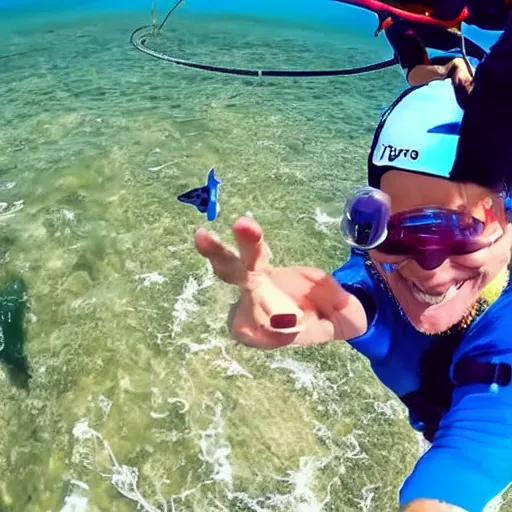 Prompt: gopro footage of a fish skydiving