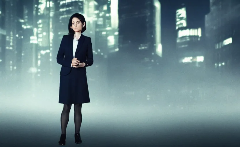 Image similar to a wide shot of a woman with a wool suit, very short dark hair, blurred face, wearing an omega speedmaster on her wrist in front of a crowded dystopian city full of people walking at night with fog and cyberpunk lights