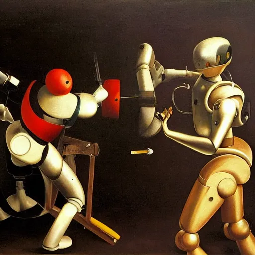 Prompt: a painter fighting a robot, oil painting by caravaggio, composition