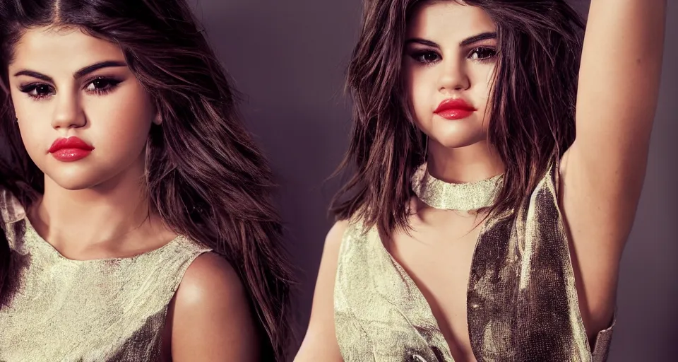 Image similar to a UHD full body portrait of Selena Gomez in a retro style photo shoot Bouncing up and down