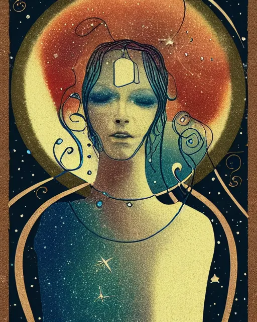 Prompt: a portrait of a galaxy as an androgynous druid spirit wearing a necklace of moons and stars, draped in transparent cloth, flat colors, occult, minimal, swirly, in the style of warwick goble, decorative art deco border, astrophotography, vast cosmos, digital illustration overlayed on photography, trending on artstation