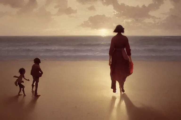 Image similar to woman with child walking on beach, by Greg Rutkowski, William-Adolphe Bouguereau, jason chan, Maxim Verehin, Peter Konig, photorealistic 8k, cinematic lighting, HD, high detail, atmospheric, trending on artstation