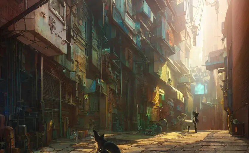 Prompt: low angle shot of a cat stretching in an alleyway in a space opera cyberpunk studio ghibli animated film, volumetric lighting, octane render by anime, stanley artgerm lau, greg rutkowski, thomas kindkade, alphonse mucha, loish, norman rockwel, highly detailed