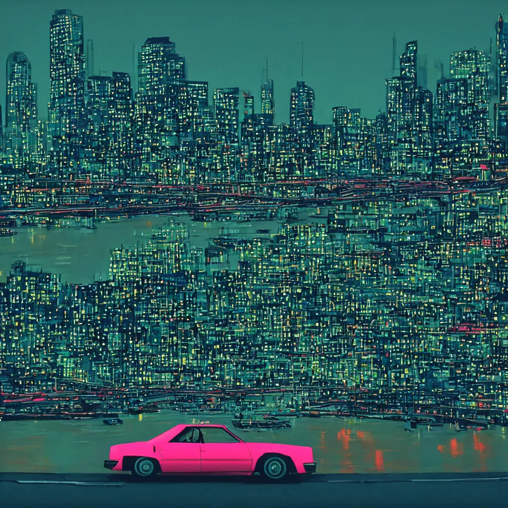 Image similar to 8 0 s neon movie still, portrait of a single car by the river with city in background, medium format color photography, blurred background, movie directed by kar wai wong, hyperrealistic, photorealistic, high definition, highly detailed, tehnicolor, anamorphic lens