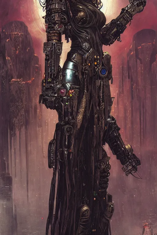 Image similar to beautiful young gothic maiden, cyberpunk, Warhammer, highly detailed, artstation, illustration, art by Gustav Klimt