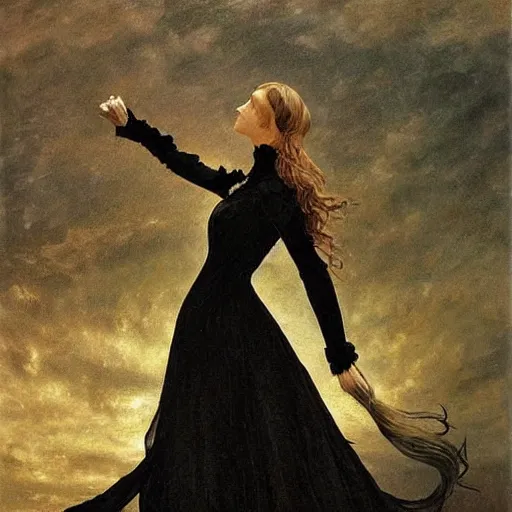 Image similar to A beautiful victorian woman, gothic dress, flowing hair, oil painting, portrait, dramatic lighting, masterpiece, painted by Caspar David Friedrich