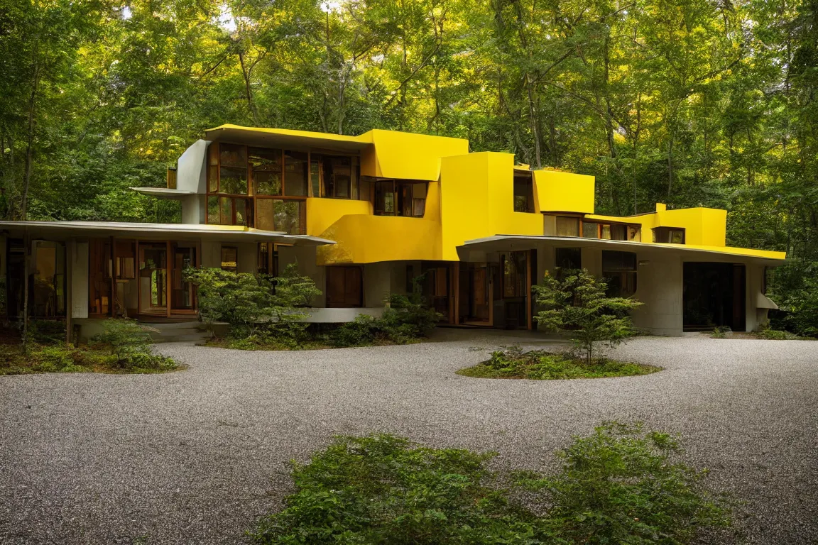 Image similar to a mid century modern house in a forest, designed by Frank Gehry. Tiles. Small gravel driveway . Film grain, cinematic, yellow hue