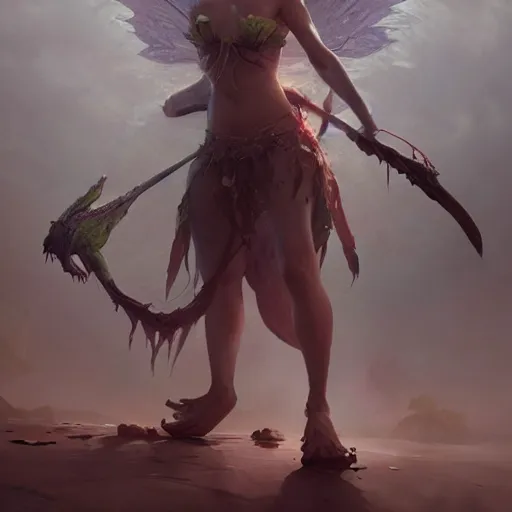 Prompt: scary godlike fairy killing a frog violently , petite , upper body , epic , traditional makeup , gorgeous features , Post-processing , low angle , Greg rutkowski legendary matte painting , masterpiece