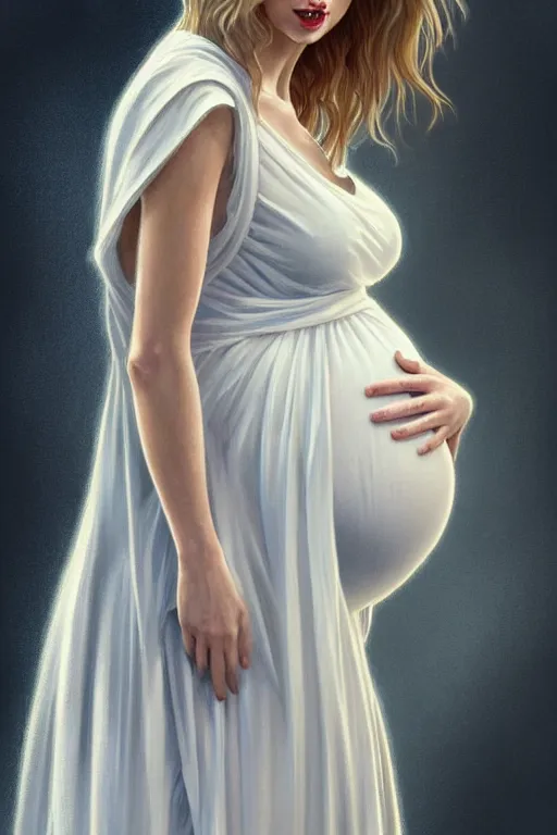 Image similar to pregnant taylor swift in a white dress, realistic portrait, symmetrical, highly detailed, digital painting, artstation, concept art, smooth, sharp focus, illustration, cinematic lighting, art by artgerm and greg rutkowski and alphonse mucha