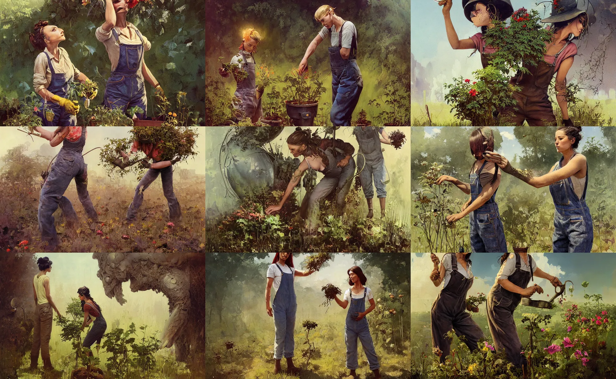 Prompt: A mixed media portrait painting of a gardener woman in overalls planting a seedling, by Frank Frazetta, Greg Rutkowski, Beeple, Boris Vallejo, Yoko Taro, Christian MacNevin, epic fantasy character art, high fantasy, CGsociety, full length, exquisite detail, post-processing, masterpiece, cinematic