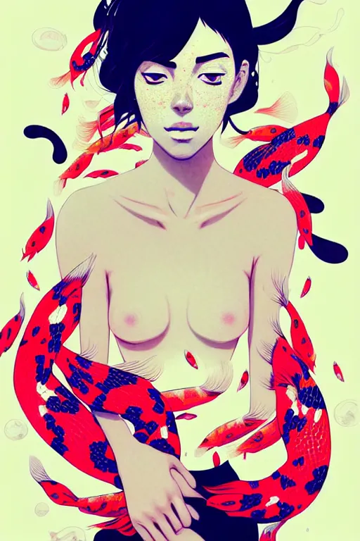 Image similar to a ultradetailed beautiful portrait panting of a stylish woman surrounded by floating koi fish, by conrad roset, greg rutkowski and makoto shinkai, trending on artstation