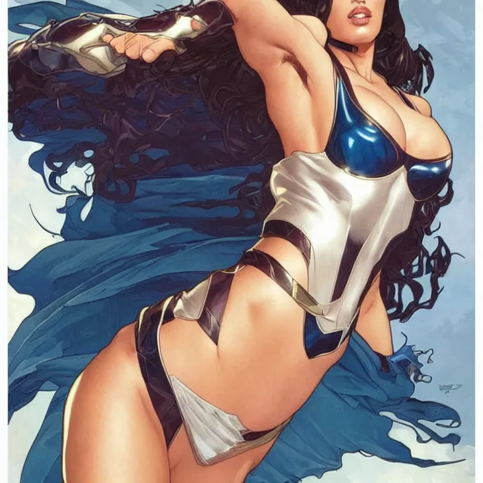 Image similar to megan fox as power girl by artgerm, greg rutkowski, alphonse mucha